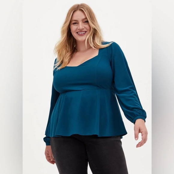 NWT Torrid Peplum Crepe Sweetheart Neck Top Size 1X 14/16 In Secret Garden Teal - Picture 1 of 7